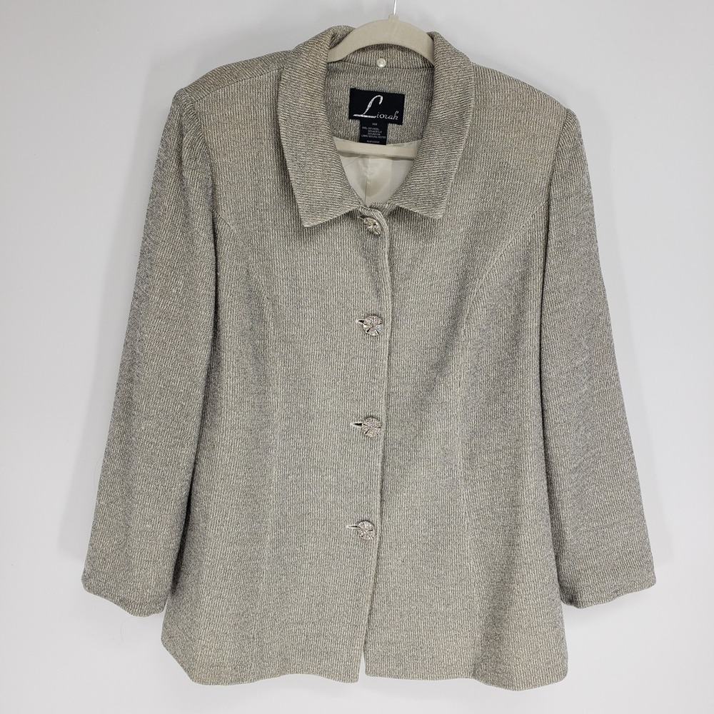 Liorah Metallic Knit Button Up Jacket Blazer Women 14W Tan Gold Wool Blend Luxe